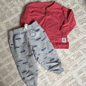 Carter's Red Long Sleeve Top with Gray Car-Print Joggers